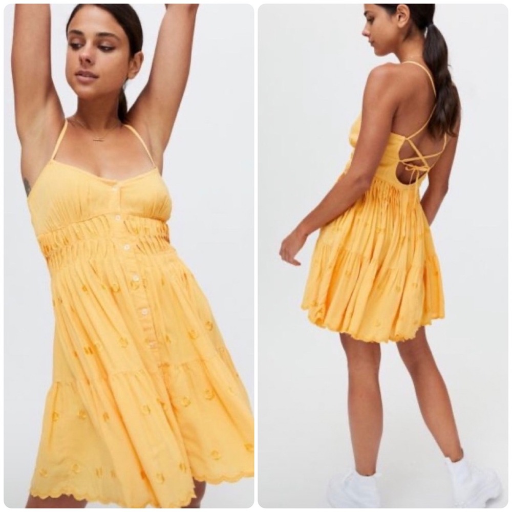 Urban‎ Outfitters Womens Yellow Sandy Boho Embroidered Lace Up Back Mini Dress M